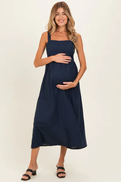 PinkBlush Navy Linen Blend Sleeveless Maternity Midi Dress