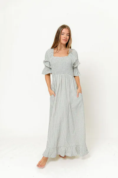 Worth Collective Sienna 100% Cotton Puff Sleeve Maxi Dress in Light Indigo Plaid (Lined) - Bump Friendly