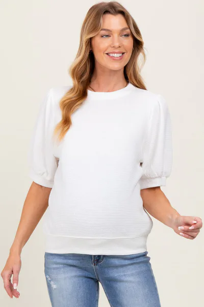 PinkBlush White Knit Maternity Puff Sleeve Top