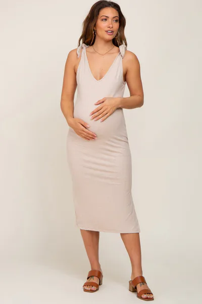PinkBlush Beige Ribbed Shoulder Tie Maternity Midi Dress