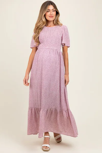 PinkBlush Mauve Floral Smocked Maternity Midi Dress