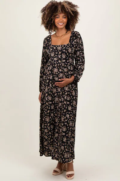 PinkBlush Black Floral Square Neck Long Sleeve Maternity Maxi Dress