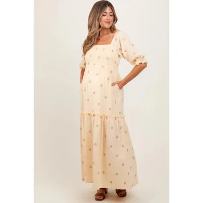 Target PinkBlush Cream Floral Smocked Puff Sleeve Maternity Maxi Dress Cream Small
