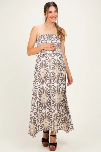 PinkBlush Charcoal Damask Print Strapless Smocked Maternity Midi Dress