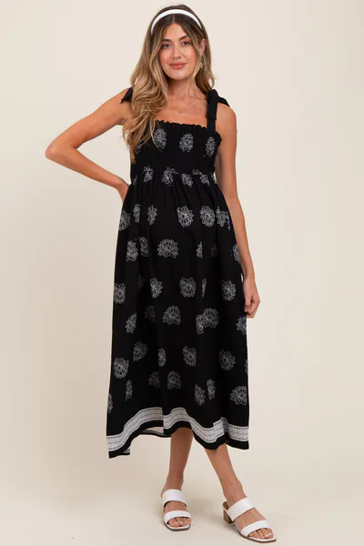 PinkBlush Black/Cream Vintage Floral Border Printed Smocked Top Sleeveless Maternity Maxi Dress