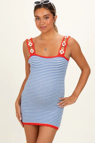 PinkBlush Blue Marine Crochet Stripe Floral Strap Maternity Mini Dress