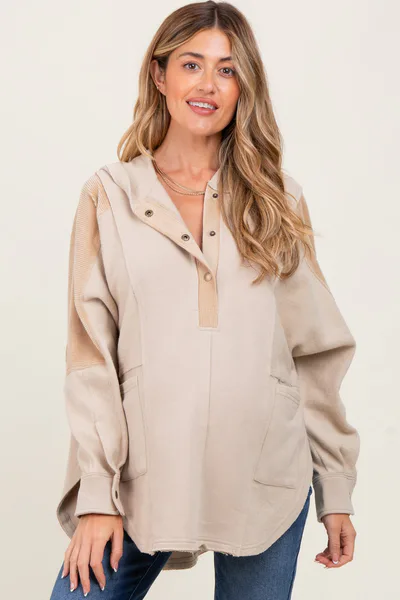 PinkBlush Beige Corduroy Contrast Oversized Maternity Hoodie
