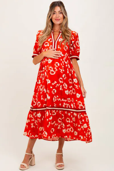 PinkBlush Red Floral Contrast Trim Maternity Midi Dress