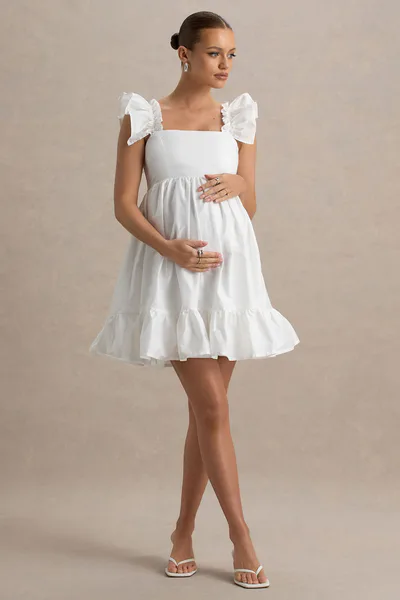 Club L London Dolly Daze | White Ruffle Sleeve Babydoll Maternity Mini Dress