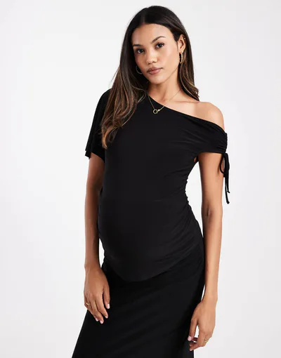 ASOS asymmetric shoulder ruched slinky top in black - part of a set
