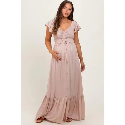 Target PinkBlush Taupe Smocked Top Woven Maternity Maxi Dress Taupe Large