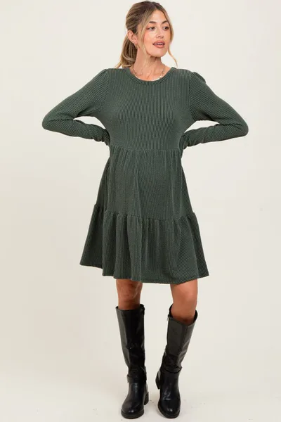 PinkBlush Olive Textured Rib Tiered Long Sleeve Maternity Dress