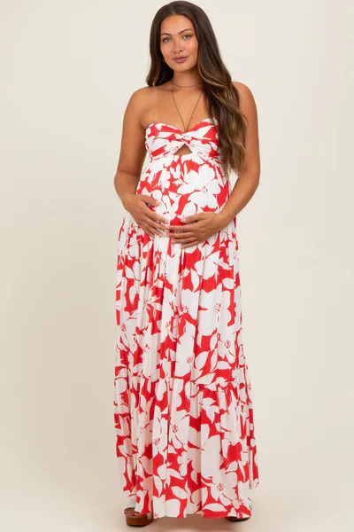 PinkBlush Red Floral Strapless Cutout Back Maternity Maxi Dress