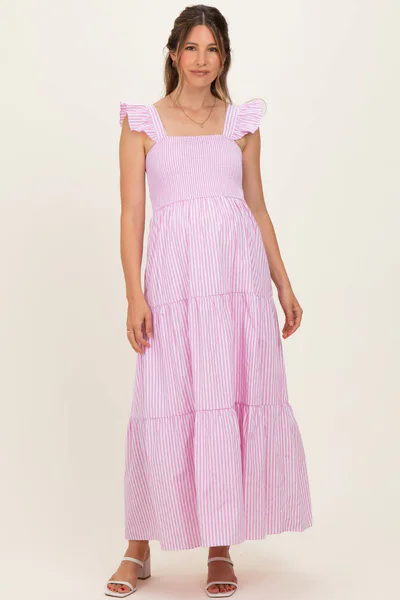 PinkBlush Pink Striped Ruffle Strap Smocked Maternity Maxi Dress