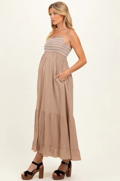 PinkBlush Beach Sand Embroidered Smocked Maternity Maxi Dress