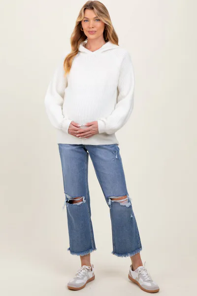 PinkBlush Blue Open Knee Fringe Hem Cropped Wide Leg Maternity Jeans