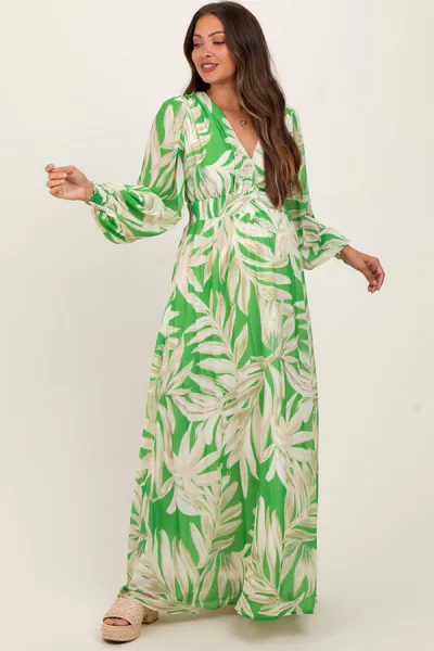 PinkBlush Lime Leaf Print Smocked Waist Long Sleeve Maternity Maxi Dress