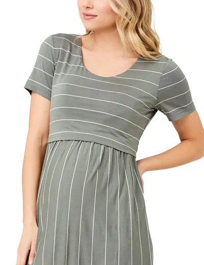 Special Addition Maternity Nursing Dress in Olive Stripe