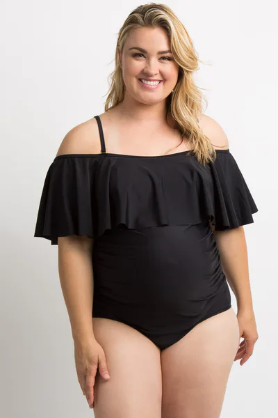 PinkBlush PinkBlush Black Ruffle Trim Ruched One-Piece Maternity Plus Swimsuit