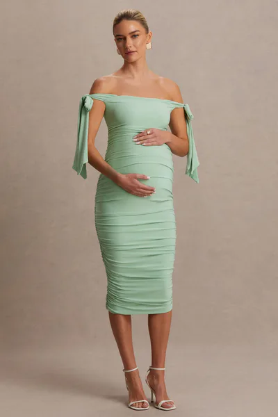 Club L London Chandelier | Light Green Bardot Maternity Midi Dress With Bow Details