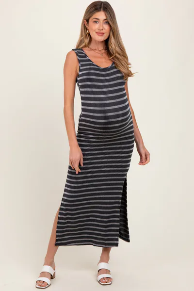 PinkBlush Black Striped Ribbed Sleeveless Side Slit Maternity Maxi Dress