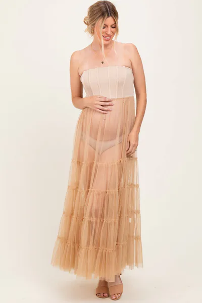 PinkBlush Beige Corset Tiered Tulle Maternity Photoshoot Dress