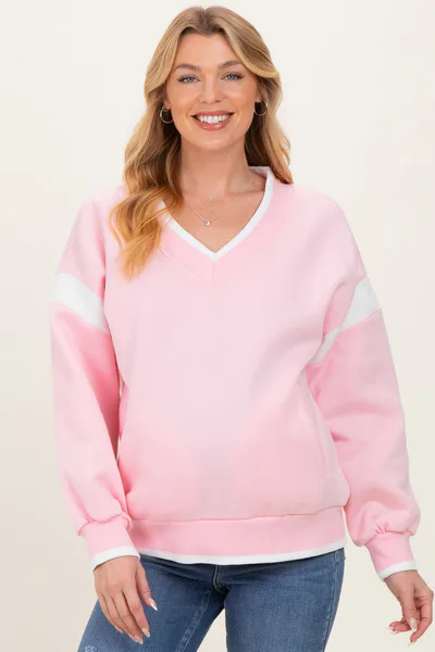 PinkBlush Pink Contrast Sleeve V-Neck Maternity Sweatshirt