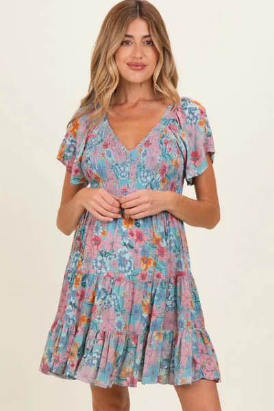 PinkBlush Teal V Neck Smocked Bust Short Sleeve Short Maternity  Dress