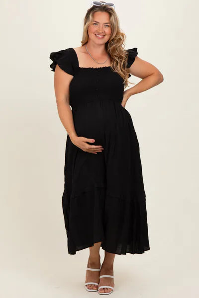 PinkBlush Black Button Accent Smocked Maternity Plus Midi Dress