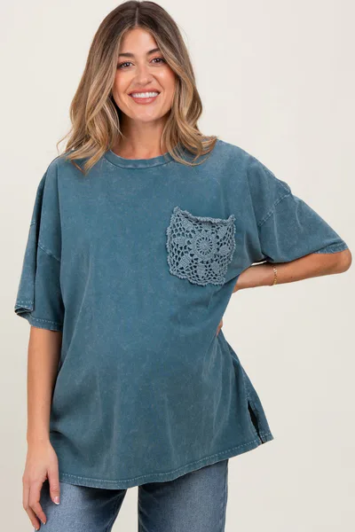 PinkBlush Deep Teal Mineral Wash Crochet Pocket Maternity Top