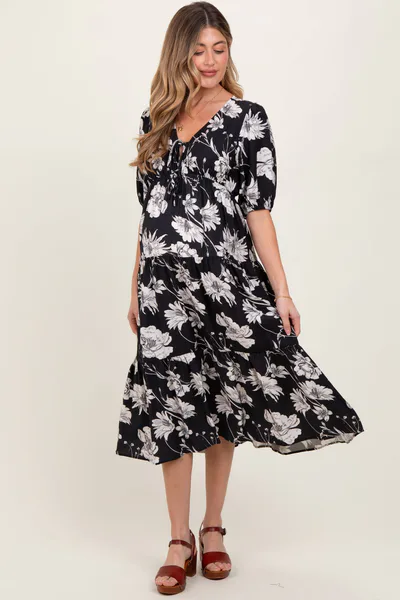 PinkBlush Black Floral Tie Front Tiered Maternity Midi Dress