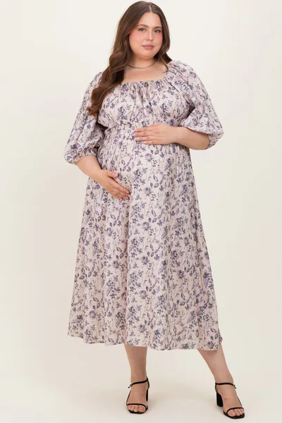 PinkBlush Light Pink Floral Puff Sleeve Smocked Waist Maternity Plus Midi Dress