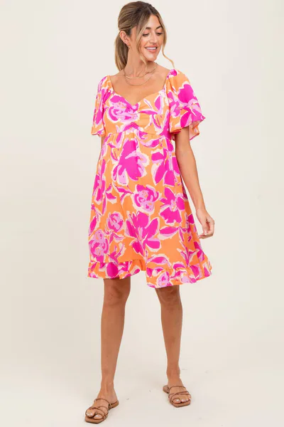 PinkBlush Orange Abstract Floral Cinch Bust Maternity Dress