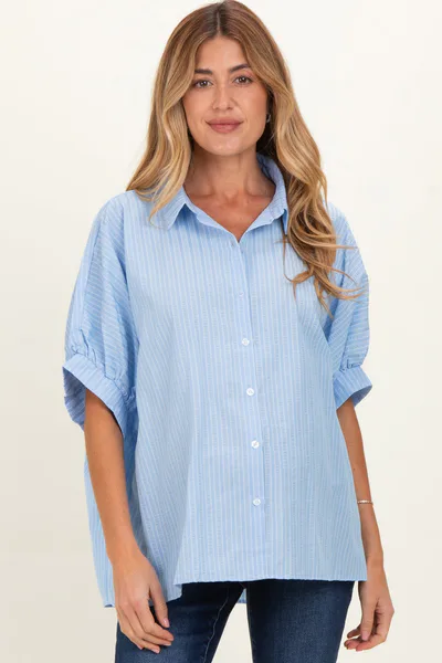 PinkBlush Blue Button Down Textured Stripe Oversized Maternity Shirt
