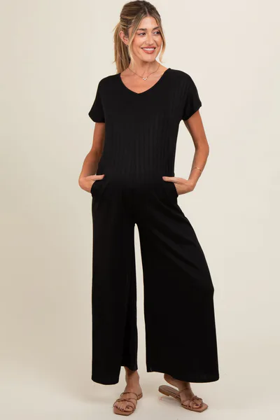 PinkBlush Black Ribbed Wide Leg Maternity Jumpsuit