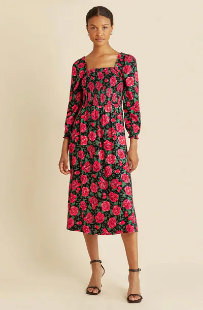 For The Creators Rose Print Shirred Bodice Dress
