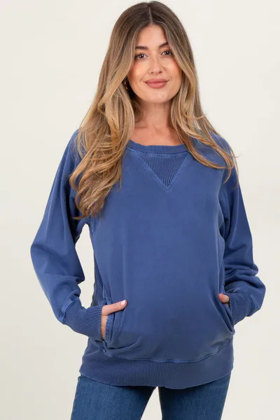 PinkBlush Navy Blue Vintage Wash French Terry Maternity Pullover