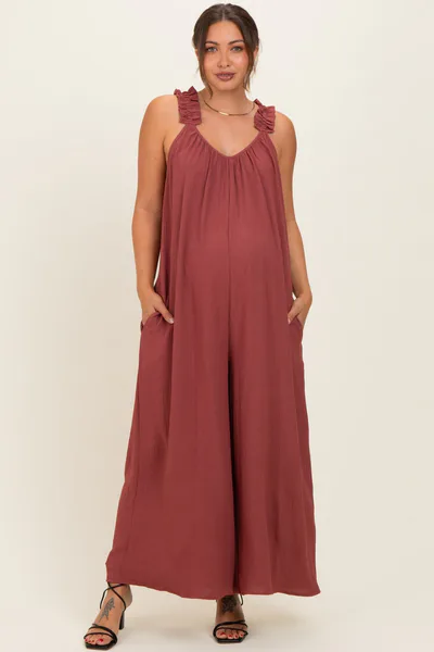PinkBlush Marsala Ruffle Strap Maternity Wide Leg Jumpsuit