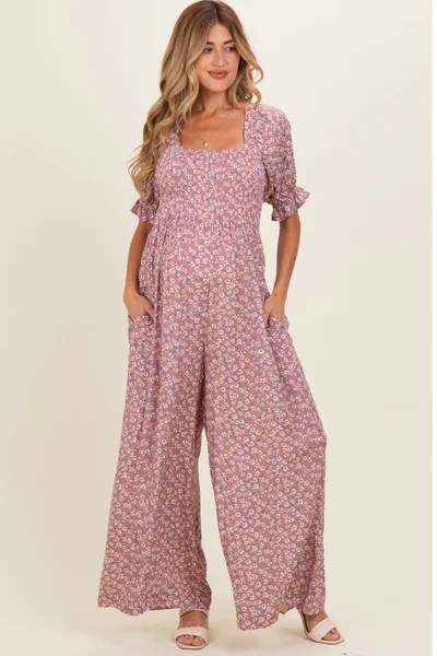 PinkBlush Dusty Pink Floral Wide Leg Maternity Jumpsuit