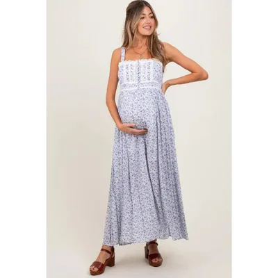 Target Light Blue Floral Button Down Sleeveless Maternity Maxi Dress Light Blue Small