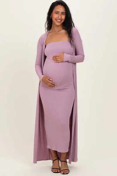 PinkBlush Violet Ribbed Sleeveless Dress Cardigan Maternity Set