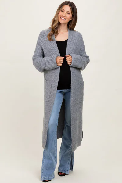 PinkBlush Grey Ribbed Chunky Knit Long Oversized Maternity Cardigan