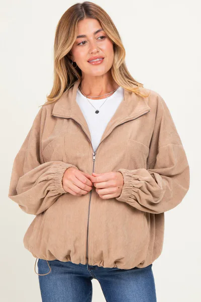 PinkBlush Khaki Oversized Corduroy Maternity Zipper Jacket