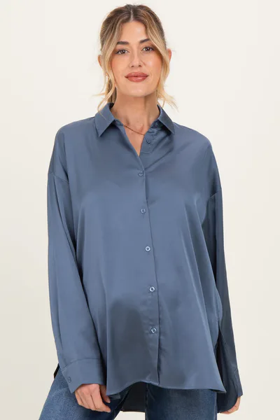 PinkBlush Navy Long Sleeve Oversized Satin Maternity Shirt