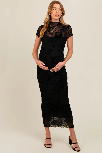 PinkBlush Black Floral Mesh Overlay Fitted Maternity Maxi Dress