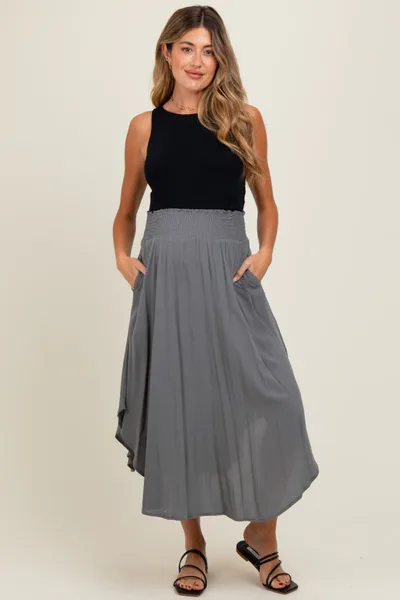 PinkBlush Charcoal Smocked Waist Rounded Hem Maternity Midi Skirt