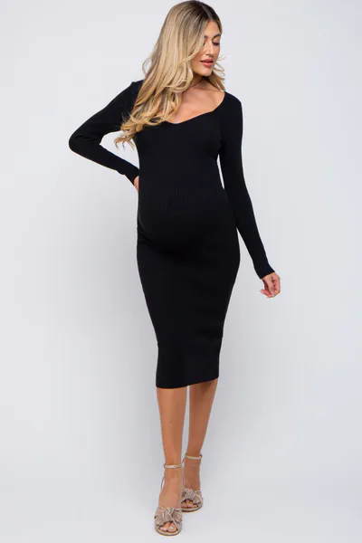 PinkBlush Black Ribbed Long Sleeve Maternity Midi Dress