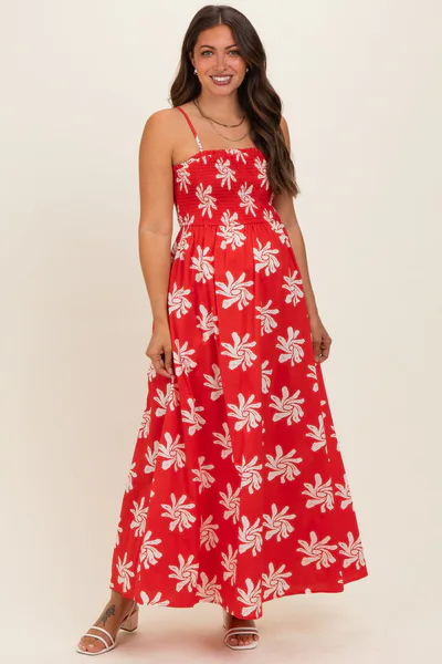 PinkBlush Red Printed Square Neck Smocked Maternity Maxi Dress