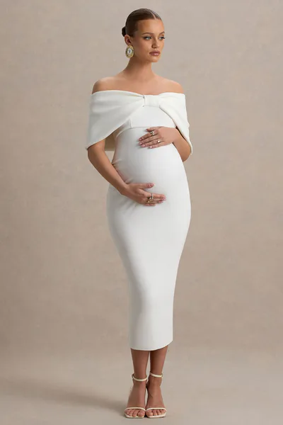 Club L London Droplet | White Bow Bardot Maternity Midi Dress