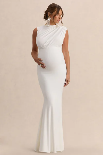 Club L London Osanna | White Wide-Neck Maternity Maxi Dress With Ruched Detailing